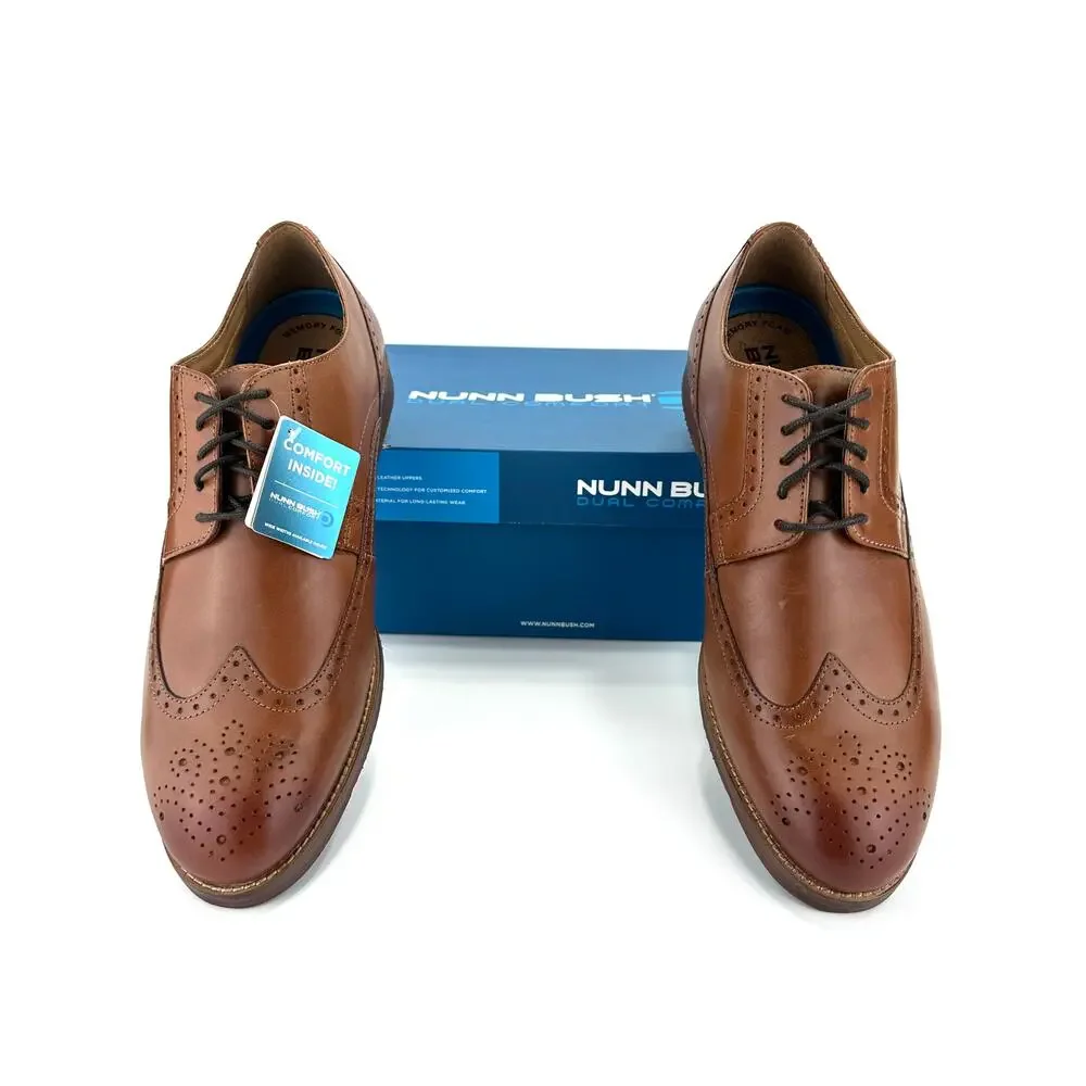 Nunn Bush Men Derby Shoes Sz 11W Cognac Leather Cushioned Brogue Wingtip Toe New